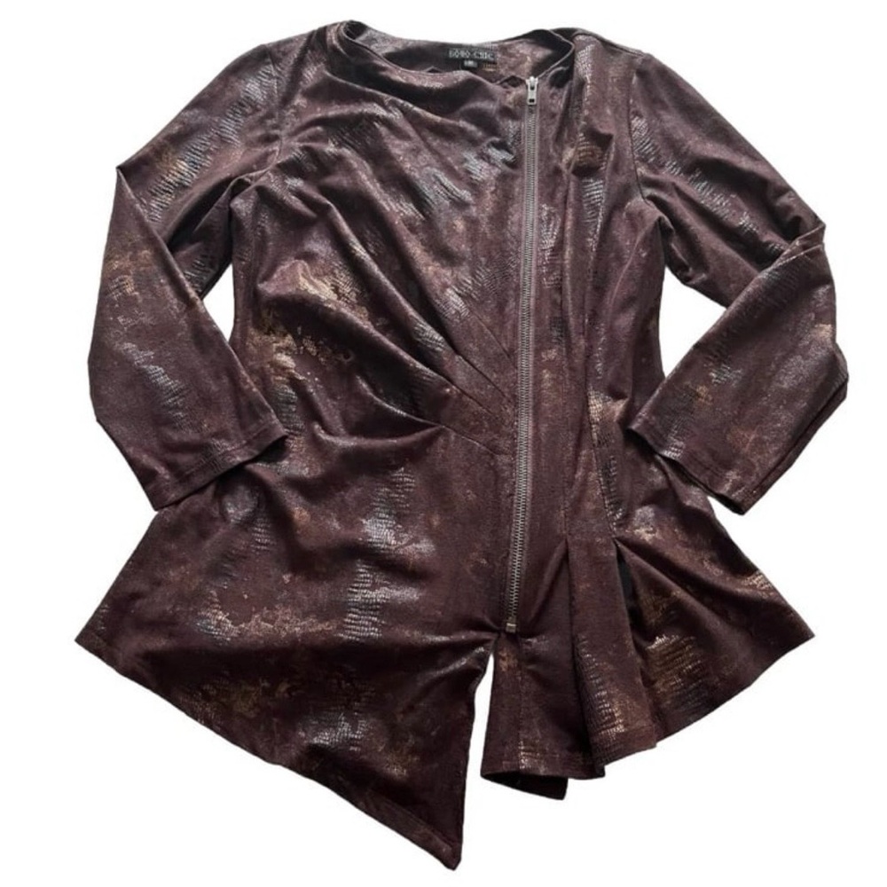 Women’s Vintage Boho Chic NYC Brown Gold Full Zip Top Size M Slim Fit Stretch